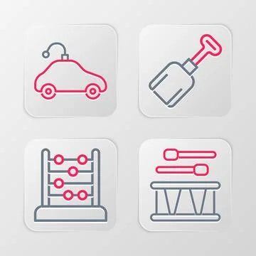 Set line Drum with drum sticks, Abacus, Shovel toy and Radio controlled car.. Stock Illustration