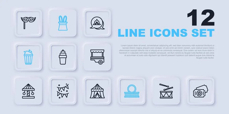 Set line Drum with drum sticks, Circus ticket, Ice cream in waffle, Roller .. Stock Illustration