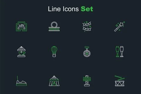 Set line Drum with drum sticks, Attraction carousel, Circus tent, Bumper, B.. Stock Illustration