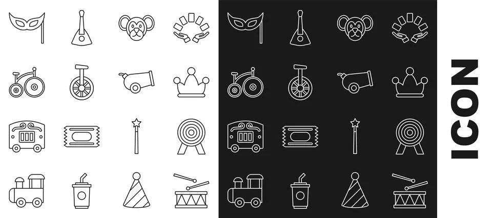 Set line Drum with drum sticks, Target, Jester hat bells, Monkey, Unicycle .. Stock Illustration