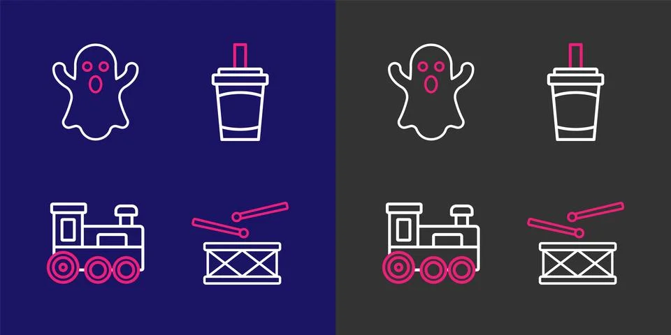 Set line Drum with drum sticks, Toy train, Paper glass water and Ghost icon.. 스톡 일러스트