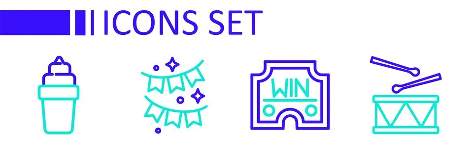 Set line Drum with drum sticks, Casino win, Carnival garland flags and Ice .. Stock Illustration