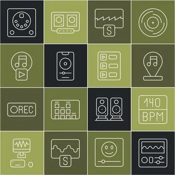 Set line Drum machine, Bitrate, Music note, tone, wave equalizer, player, Play Illustrazione stock
