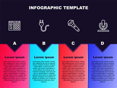 Set line Drum machine, Electric plug, Microphone and . Business infographic Illustrazione stock