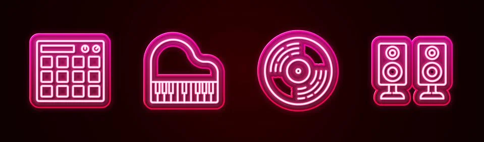 Set line Drum machine, Grand piano, Vinyl disk and Stereo speaker. Glowing neon Illustrazione stock