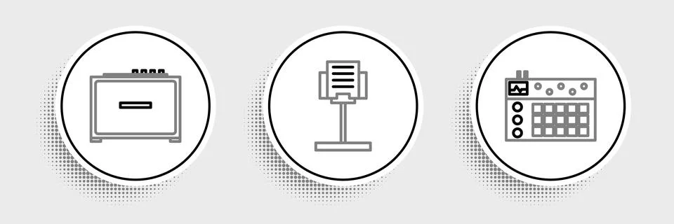 Set line Drum machine, Guitar amplifier and Music stand icon. Vector Illustrazione stock