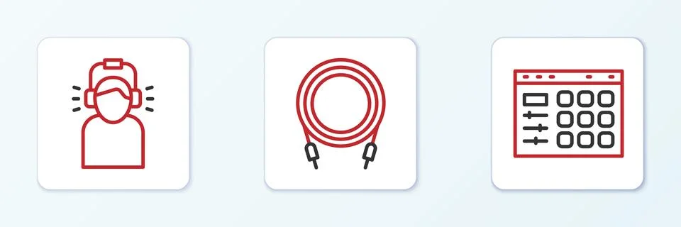 Set line Drum machine, Man headphones and Audio jack icon. Vector Stock Illustration