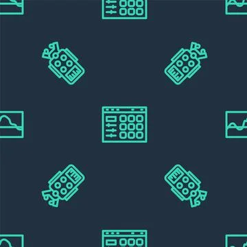 Set line Drum machine, Microphone and Music wave equalizer on seamless pattern Illustrazione stock