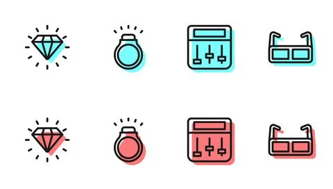 Set line Drum machine music, Diamond, ring and Glasses icon. Vector Stock Illustration
