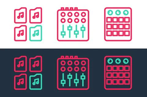 Set line Drum machine, Music file document and Sound mixer controller icon Illustrazione stock