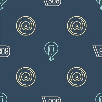 Set line Drum machine music, Vinyl disk and Microphone on seamless pattern Stock Illustration