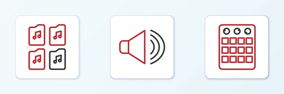 Set line Drum machine, Music file document and Speaker volume icon. Vector Illustrazione stock