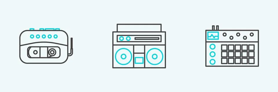 Set line Drum machine, Music tape player and Home stereo with two speakers icon Illustrazione stock