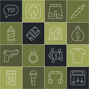 Set line Drum machine music, T-shirt, Money bag, Wide pants, Stacks paper money Stock Illustration