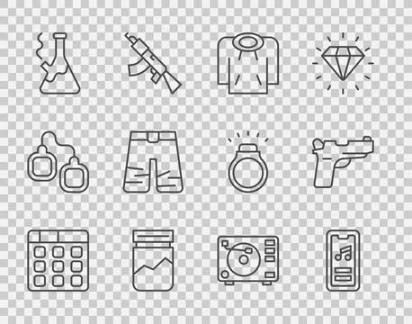 Set line Drum machine music Music player Hoodie Plastic bag of drug Glass bon Stock Illustration