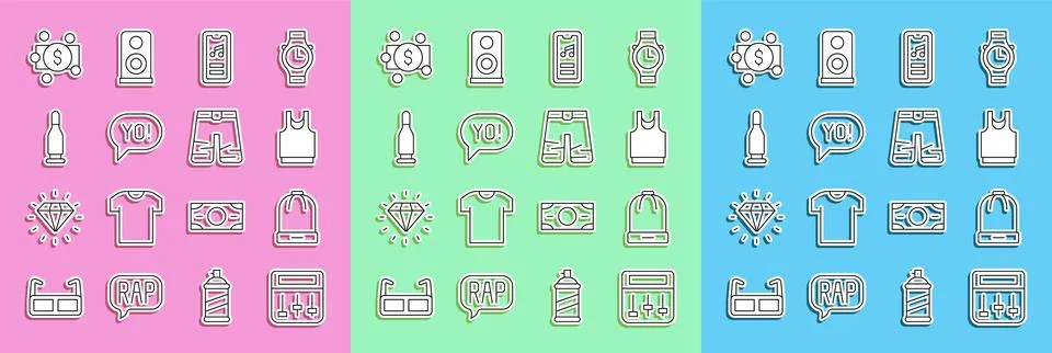 Set line Drum machine music, Winter hat, Undershirt, Music player, Yo slang.. Stockillustratie