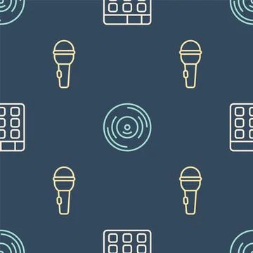 Set line Drum machine music, Microphone and Vinyl disk on seamless pattern... Stock Illustration