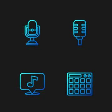 Set line Drum machine, Musical note, Microphone and . Gradient color icons Illustrazione stock