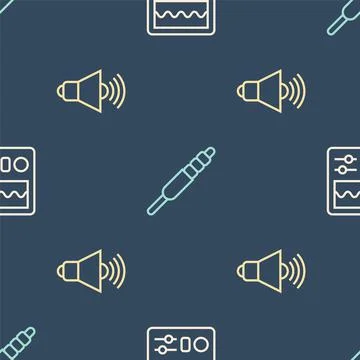 Set line Drum machine, Speaker volume and Audio jack on seamless pattern. Vector Stock Illustration
