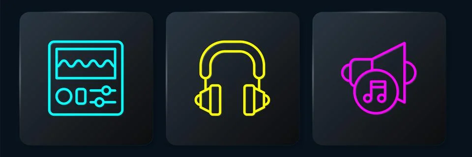 Set line Drum machine, Speaker volume and Headphones. Black square button. .. Stock Illustration