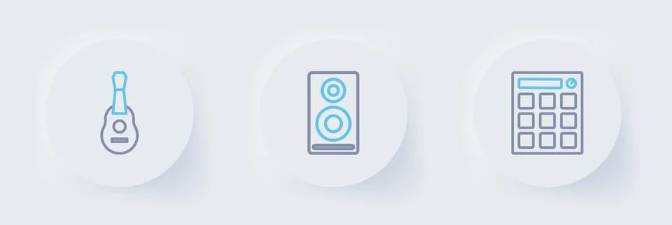 Set line Drum machine, Stereo speaker and Guitar icon. Vector Stock Illustration