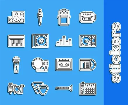 Set line Drum machine, Vinyl disk, player with vinyl, Guitar pedal, CD or DVD Stock Illustration