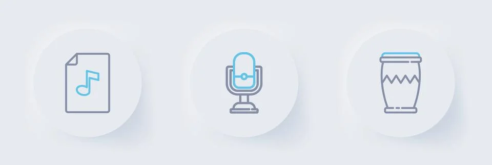 Set line Drum, Microphone and Music book with note icon. Vector イラスト素材