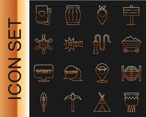 Set line Drum, Saloon door, Coal mine trolley, Cowboy bandana, Spur, Hexagram Illustration