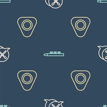 Set line Drum sticks, Guitar pick and and drum on seamless pattern. Vector Stock Illustration