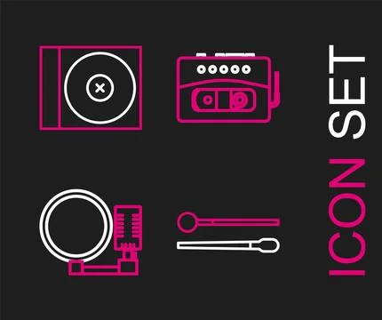 Set line Drum sticks, Microphone, Music tape player and CD or DVD disk icon.. Stock Illustration