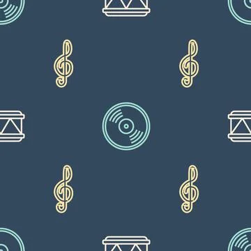Set line Drum, Treble clef and Vinyl disk on seamless pattern. Vector Stockillustratie