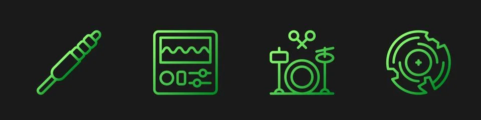 Set line Drums, Audio jack, machine and Vinyl disk. Gradient color icons. Vector Illustrazione stock