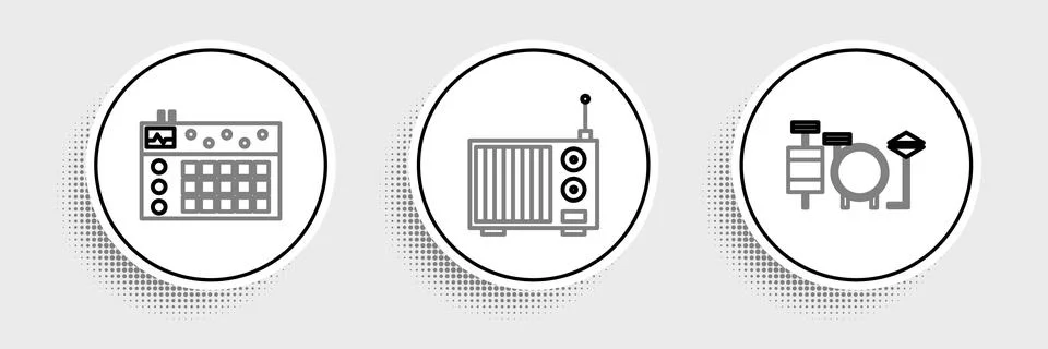 Set line Drums, machine and Radio with antenna icon. Vector Illustrazione stock
