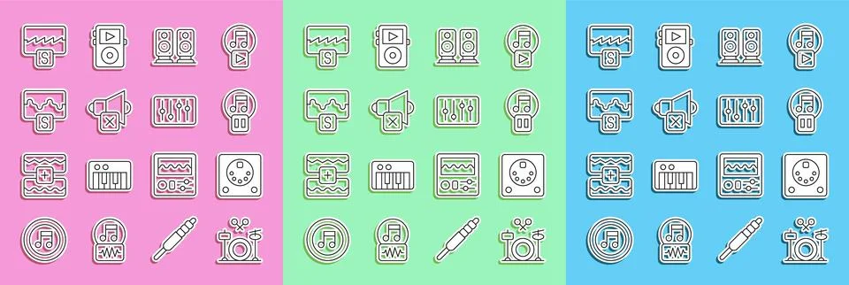 Set line Drums, machine, Pause button, Stereo speaker, Speaker mute, Music wave Stock Illustration