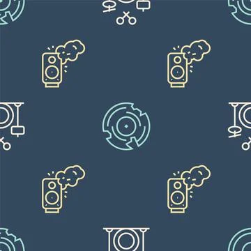 Set line Drums, Stereo speaker and Vinyl disk on seamless pattern. Vector 스톡 일러스트