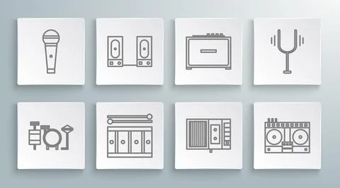 Set line Drums, Stereo speaker, with drum sticks, Music tape player, DJ remote Stock Illustration