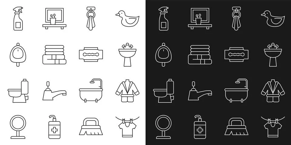 Set line Drying clothes, Bathrobe, Washbasin with water tap, Towel on hanger Stock Illustration