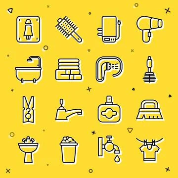 Set line Drying clothes, Brush for cleaning, Toilet brush, Electric boiler Stock Illustration