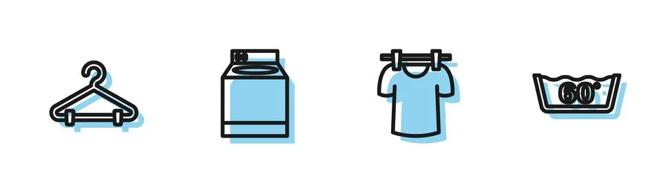 Set line Drying clothes, Hanger wardrobe, Washer and Temperature wash icon... Stock Illustration