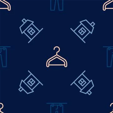Set line Drying clothes, House and Hanger wardrobe on seamless pattern. Vector Stock Illustration