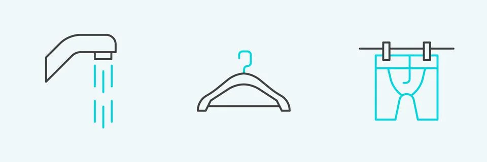Set line Drying clothes, Shower head and Hanger wardrobe icon. Vector Stock Illustration