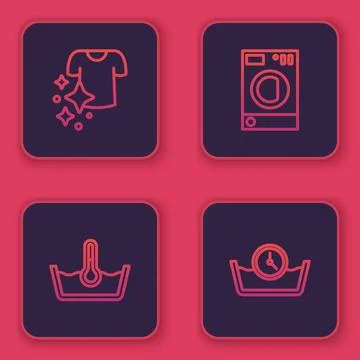 Set line Drying clothes, Temperature wash, Washer and Time. Blue square button Stock Illustration
