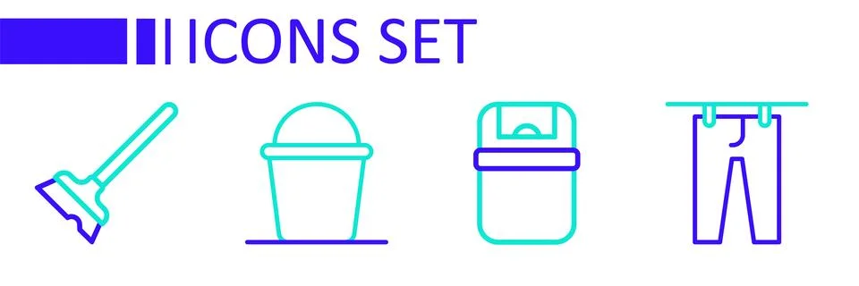Set line Drying clothes, Trash can, Bucket and Mop icon. Vector Stock-Illustration