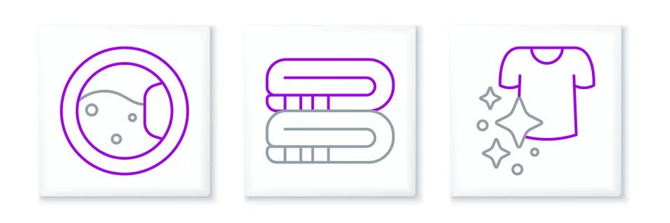 Set line Drying clothes, Washer and Towel stack icon. Vector Illustrazione stock
