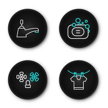 Set line Drying clothes, Water tap, Bar of soap and  icon. Vector Stock Illustration