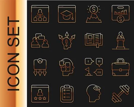 Set line Dumbbell, Briefcase, Speaker, Mountains with flag, Project team base Stock-Illustration