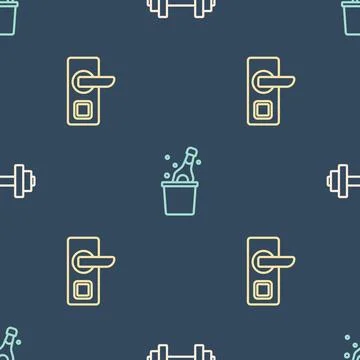 Set line Dumbbell, Digital door lock and Bottle of champagne on seamless pattern 스톡 일러스트