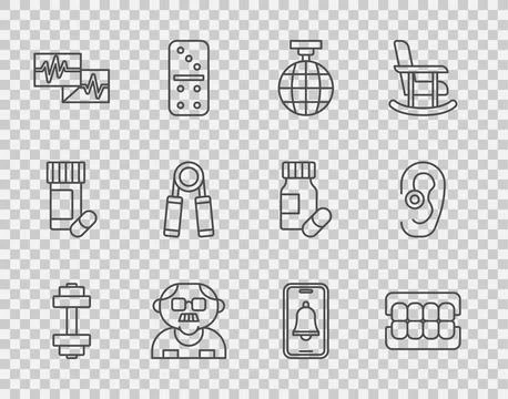 Set line Dumbbell, False jaw, Disco ball, Grandfather, Monitor with cardiog.. Stock Illustration