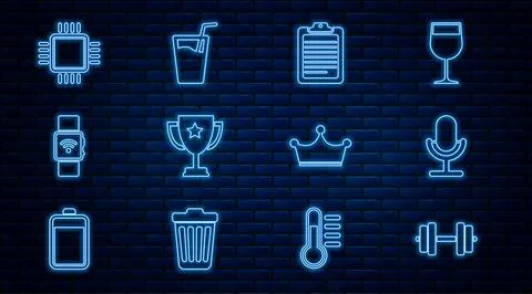 Set line Dumbbell, Microphone, Clipboard with document, Trophy cup, Smartwa.. Stock Illustration