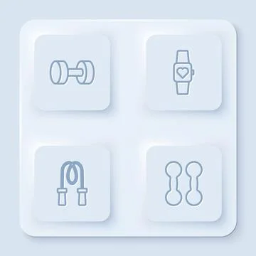 Set line Dumbbell, Smart watch, Jump rope and . White square button. Vector 스톡 일러스트